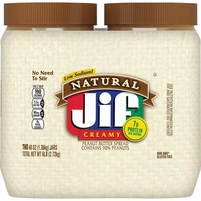 Jif Natural Low-Sodium Creamy Peanut Butter (48 oz 2 pk)