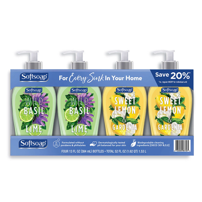 Softsoap Decor Liquid Hand Soap Value Pack, Wild Basil & Lime, Sweet Lemon & Gardenia (13 oz 4 pk)