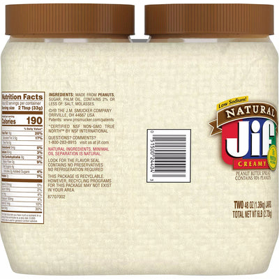 Jif Natural Low-Sodium Creamy Peanut Butter (48 oz 2 pk)