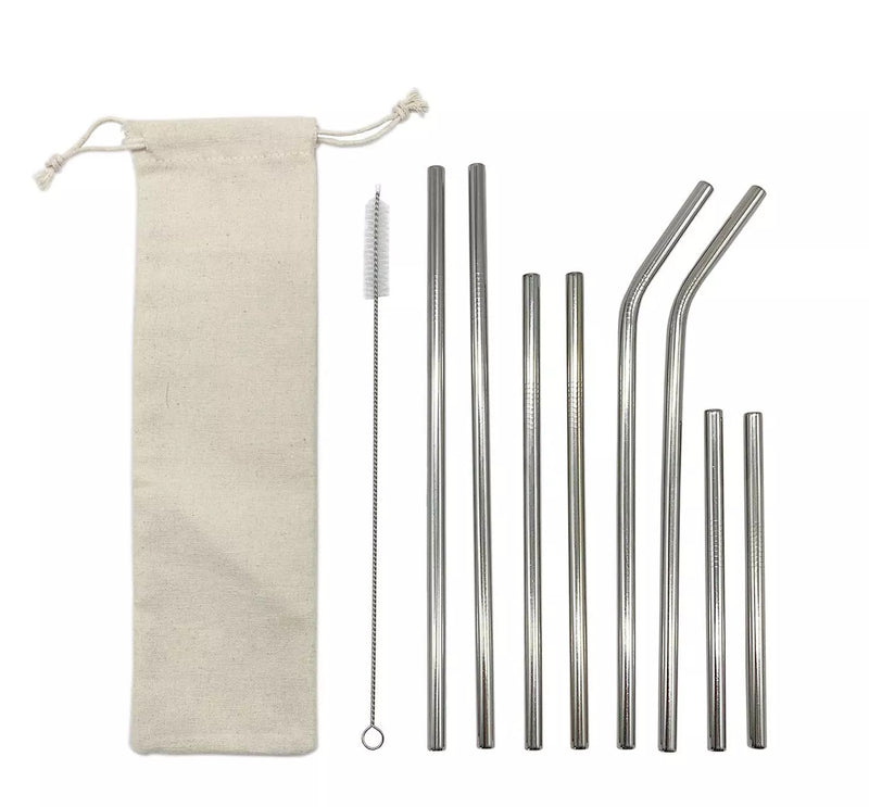 8pc Reusable Straws with Cleaning Brush & Carrying Pouch Stainless Steel