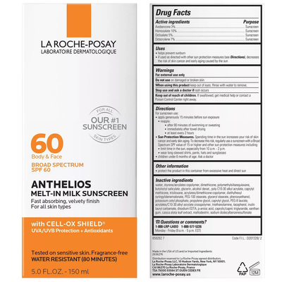La Roche-Posay Anthelios Sunscreen, Melt-In-Milk Body and Face Sunscreen Lotion - SPF 60 - 5 oz