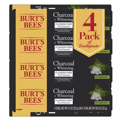Burt’s Bees Toothpaste, Fluoride Free, Charcoal, Zen Peppermint (4.7 oz 4 pk)