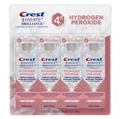 Crest 3D White Brilliance 4% Hydrogen Peroxide Teeth Whitening Toothpaste with Fluoride (3 oz 4 pk)