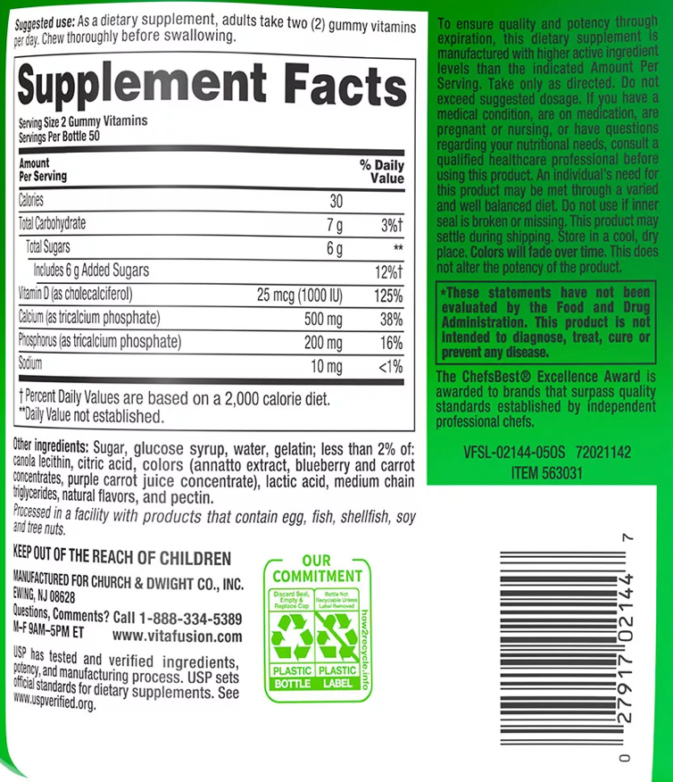 Vitafusion Calcium + D3 Gummies Natural Fruit Flavors(100 ct)