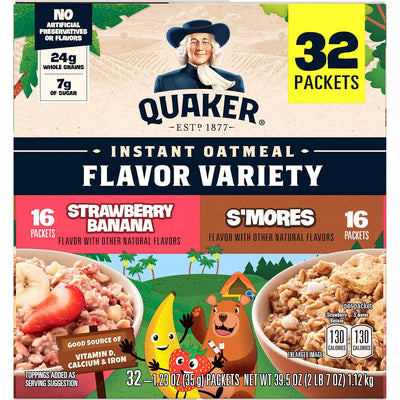 Quaker Instant Oatmeal Variety Pack, Strawberry Banana & S'mores (32 pk)